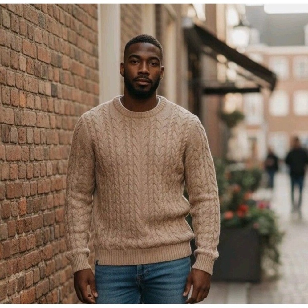 Mizzen + Main Redford Cable Knit Sweater Tan/Khaki Men's Large